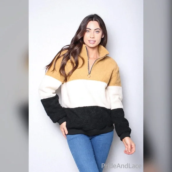 Sherpa Colorblock Zippered Mock Neck Pullover Sweater - Picture 1 of 4